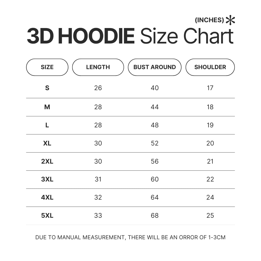 3D Hoodie Size Chart - Coldplay Merch